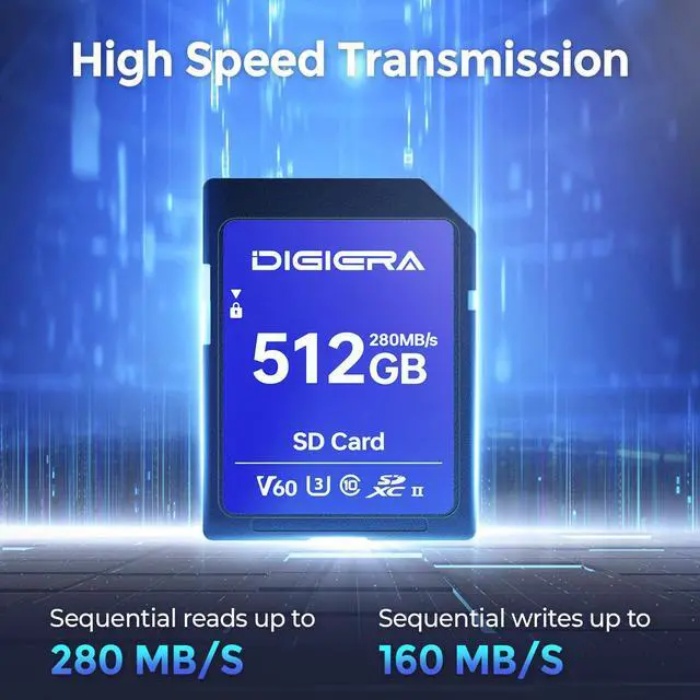 Alt view image 2 of 5 - DIGIERA 512GB LSU100 SDXC UHS-II Memory Card - up to 280MB/s, C10, U3, V60, 6K, SD Card for Computers, Digital Cameras, Home Theatre Devices, Car Navigation Systems (2 Pack)