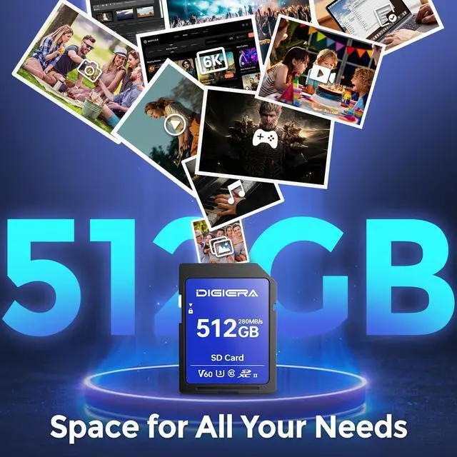 Alt view image 3 of 5 - DIGIERA 512GB LSU100 SDXC UHS-II Memory Card - up to 280MB/s, C10, U3, V60, 6K, SD Card for Computers, Digital Cameras, Home Theatre Devices, Car Navigation Systems (2 Pack)