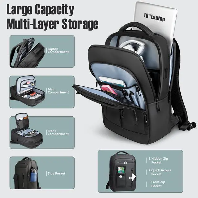Alt view image 3 of 5 - Laptop Backpack for Men Business Backpack 16 inch Computer Bag with USB Charging Port Water Resistant Travel backpack Daypack Casual Laptop Bag for Men Women Work College Weekender, Black
