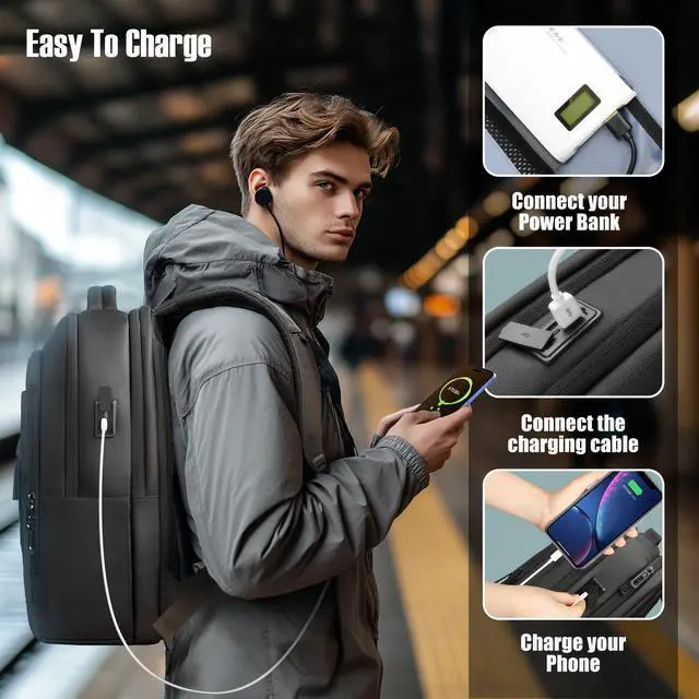 Alt view image 5 of 5 - Laptop Backpack for Men Business Backpack 16 inch Computer Bag with USB Charging Port Water Resistant Travel backpack Daypack Casual Laptop Bag for Men Women Work College Weekender, Black