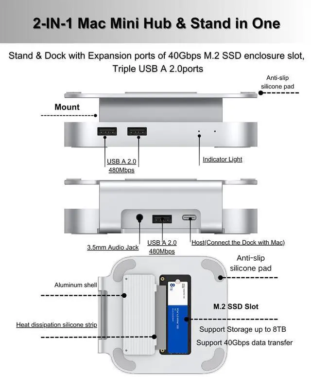Alt view image 2 of 5 - GEWOKLIY 40Gbps Aluminum Mac mini Dock and Stand, USB 4 Hub for Mac mini M4 and M4 Pro 2024 with 40Gbps M.2 NVMe SSD Enclosure, Thunderbolt Host, Triple USB A 2.0, 3.5mm Audio Jack Accesories