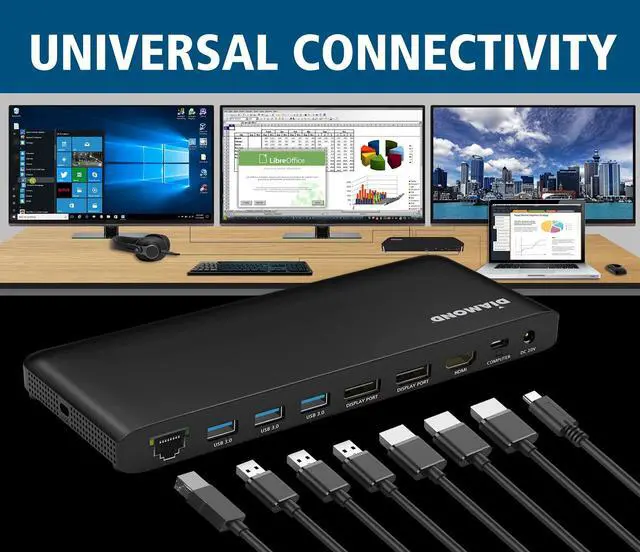 Alt view image 3 of 5 - Diamond Multimedia USB-C Triple Display Docking Station with Charging Supports Windows, Mac USB Type-C and Thunderbolt 3 Type-C, 4K Monitors. x2 DisplayPort, x4 USB 3.0, HDMI, 65W PD (UDC1000)