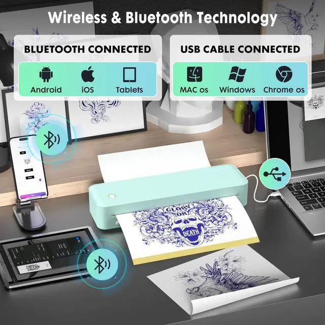 Alt view image 5 of 5 - Gloryang Wireless Tattoo Transfer Stencil Printer, Portable Thermal Tattoo Machine for Tattoo Beginners with 40pcs Stencil Paper, Compatible with Smartphone & PC, Rechargeable & Inkless, Light Green