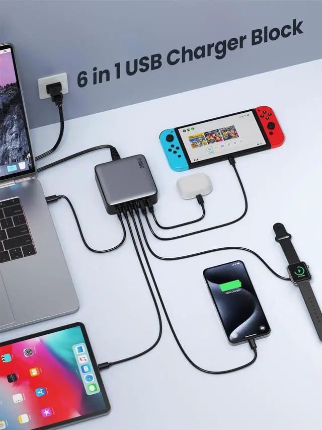 Alt view image 2 of 5 - USB C Charger Block 200W[2025 Upgraded] GaN III 6 Port Fast Charging Station Hub,PD 65W USB C Laptop Charger Compatible with MacBook Pro/Air,iPad,iPhone 16/15,Galaxy S23/S24 Steam Deck Dell XPS etc