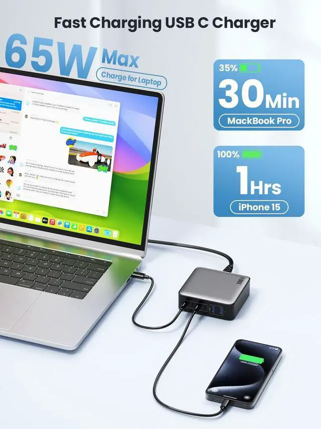 Alt view image 5 of 5 - USB C Charger Block 200W[2025 Upgraded] GaN III 6 Port Fast Charging Station Hub,PD 65W USB C Laptop Charger Compatible with MacBook Pro/Air,iPad,iPhone 16/15,Galaxy S23/S24 Steam Deck Dell XPS etc