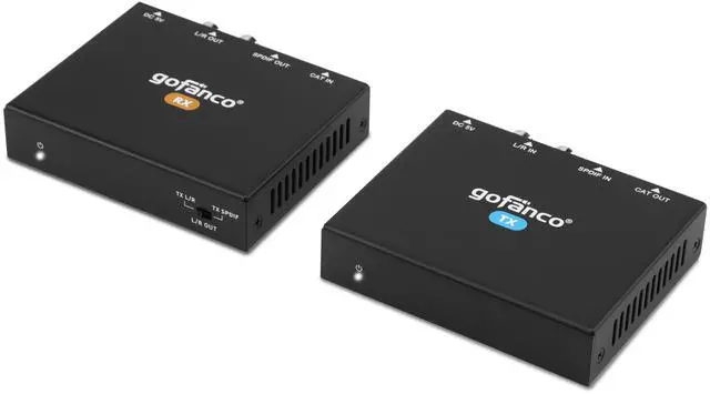 Main image of gofanco Audio Over Ethernet CAT5e/6 - Zero Latency, Embedded DAC, Ultra-Low Jittery, High-Fidelity, Toslink & L/R Analog, 984ft, Dual PoC, LPCM, Dolby Digital 5.1, PCM 2.0, 192KHz (AudioCATExt22)