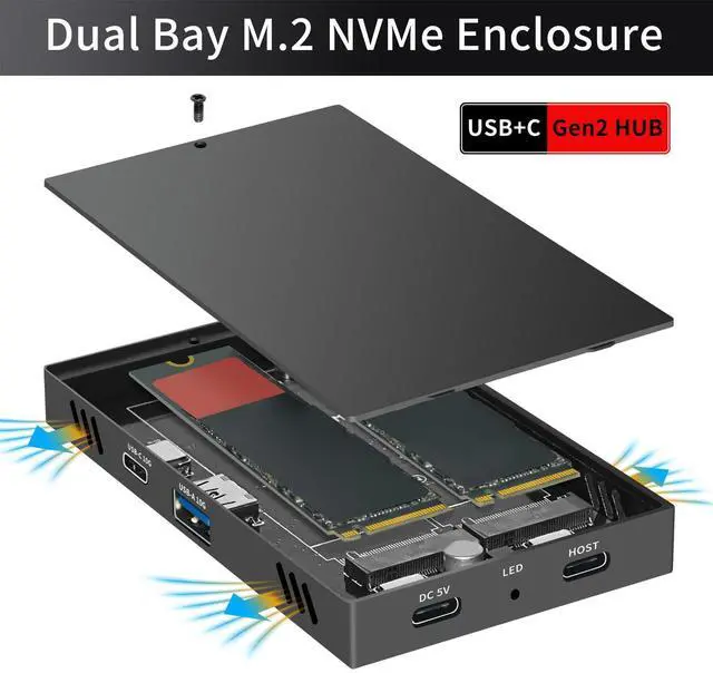 Alt view image 2 of 5 - Dual Bay M.2 NVMe SSD Enclosure, USB3.2 Gen2 10Gbps High Speed Hub, M.2 Type C USB A SSD Docking Station for PCIe M Key 2230 2242 2260 2280, Plug and Play