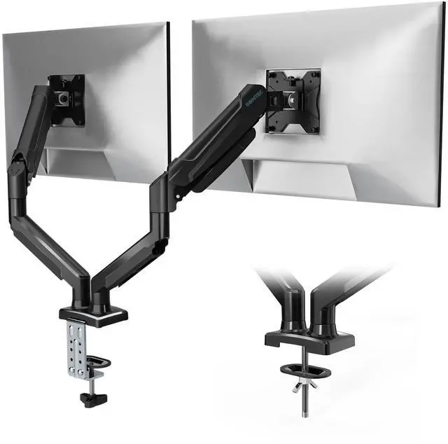 Main image of BONTEC Dual Monitor Stand, Adjustable Gas Spring Arms Monitor Desk Mount for 15-32 Inch Screens, Upgraded Full Motion VESA Mount with C Clamp, Grommet Base, Tilt, Swivel, Rotation