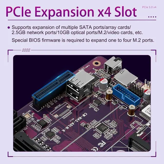 Alt view image 3 of 5 - N150 Industrial Motherboard NAS 4 Cores 4 Threads Low Power Processor 2x2.5G i226 Network M.2 Slot 6xSATA 2* M.2 NVMe 2280, 1* PCIe 3.0x4, 1* TF Slot, Dual 4K Display, 6* USB