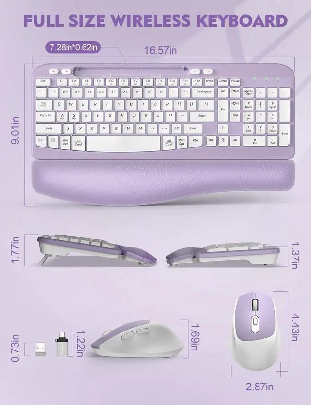 Alt view image 3 of 5 - 2 Pack Wireless Keyboard and Mouse Combo, EAYBLLY Wave Keys Wireless Ergonomic Keyboard with Cushioned Wrist Rest, Phone Holder, 2.4GHz Silent Cordless Keyboard Mouse Set