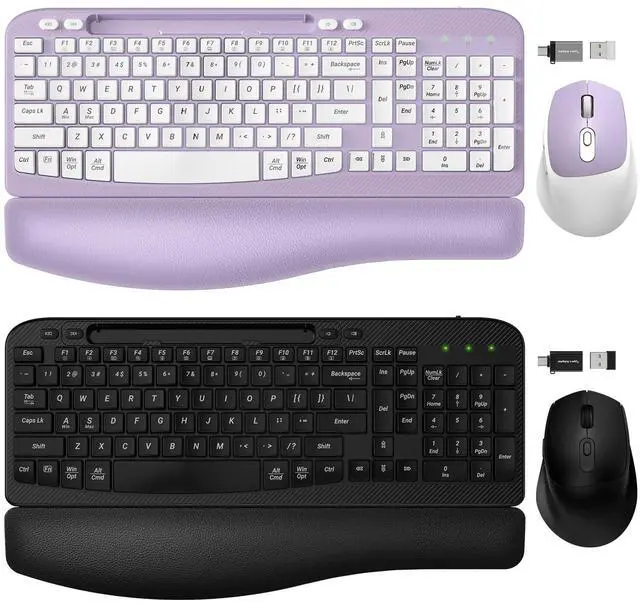 Main image of 2 Pack Wireless Keyboard and Mouse Combo, EAYBLLY Wave Keys Wireless Ergonomic Keyboard with Cushioned Wrist Rest, Phone Holder, 2.4GHz Silent Cordless Keyboard Mouse Set