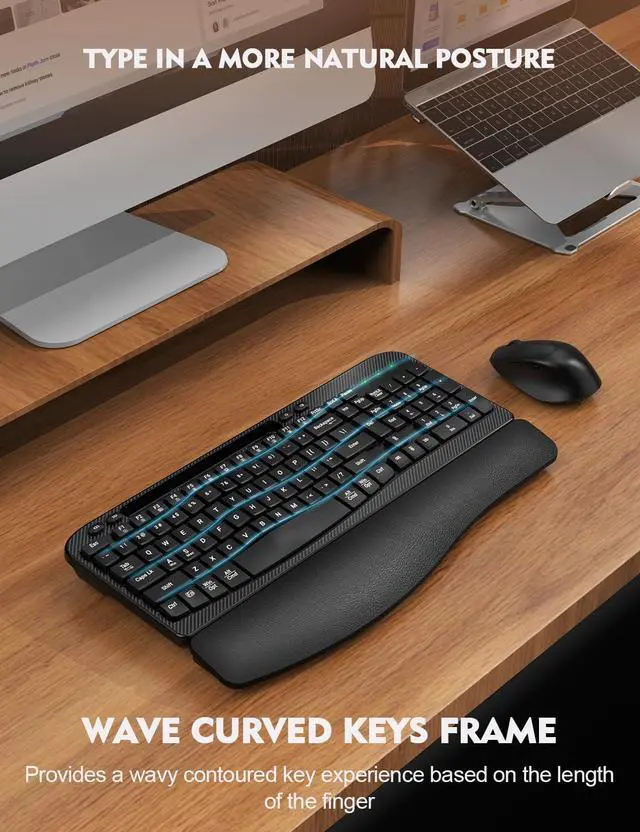 Alt view image 4 of 5 - 2 Pack Wireless Keyboard and Mouse Combo, EAYBLLY Wave Keys Wireless Ergonomic Keyboard with Cushioned Wrist Rest, Phone Holder, 2.4GHz Silent Cordless Keyboard Mouse Set