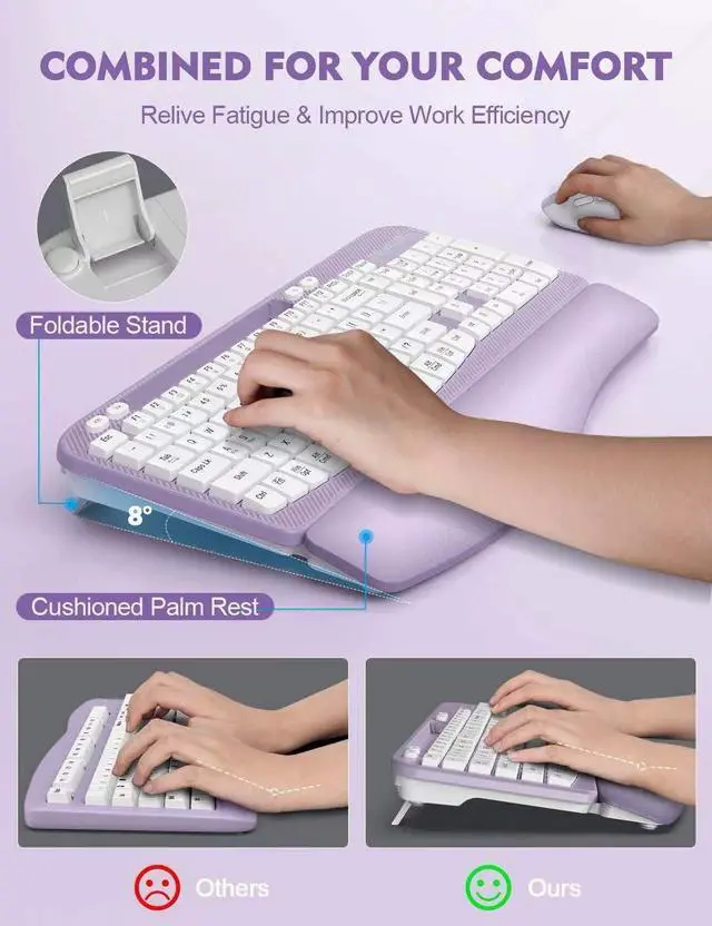 Alt view image 5 of 5 - 2 Pack Wireless Keyboard and Mouse Combo, EAYBLLY Wave Keys Wireless Ergonomic Keyboard with Cushioned Wrist Rest, Phone Holder, 2.4GHz Silent Cordless Keyboard Mouse Set