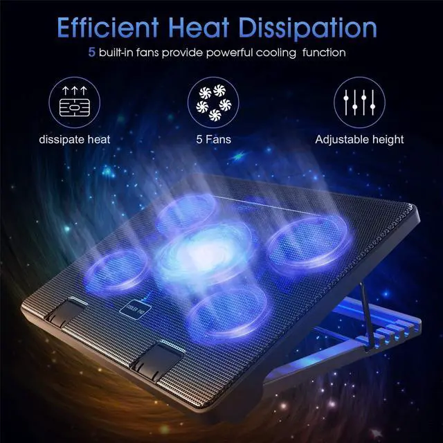 Alt view image 2 of 5 - Kootek Laptop Cooling Pad 12"-17" Cooler Pad Chill Mat 5 Quiet Fans LED Lights and 2 USB 2.0 Ports Adjustable Mounts Laptop Stand Height Angle