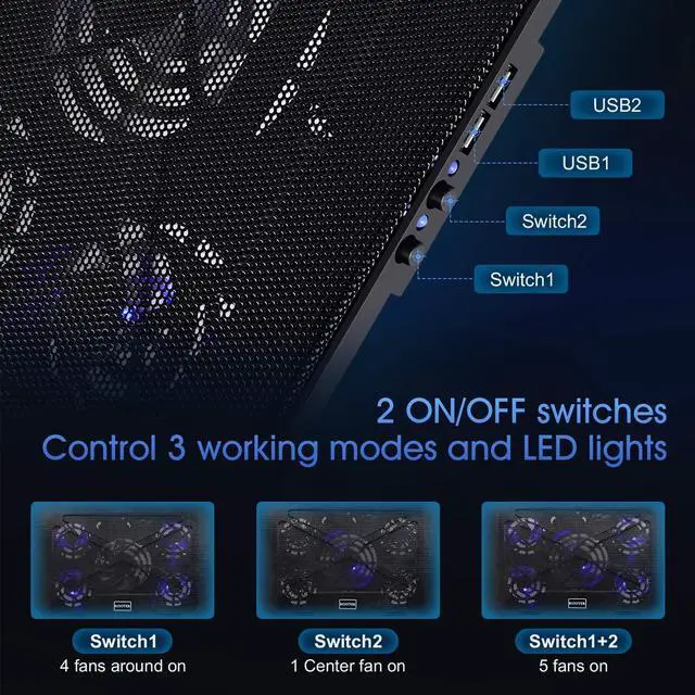 Alt view image 3 of 5 - Kootek Laptop Cooling Pad 12"-17" Cooler Pad Chill Mat 5 Quiet Fans LED Lights and 2 USB 2.0 Ports Adjustable Mounts Laptop Stand Height Angle