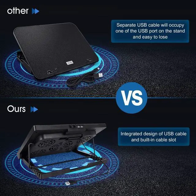 Alt view image 5 of 5 - Kootek Laptop Cooling Pad 12"-17" Cooler Pad Chill Mat 5 Quiet Fans LED Lights and 2 USB 2.0 Ports Adjustable Mounts Laptop Stand Height Angle