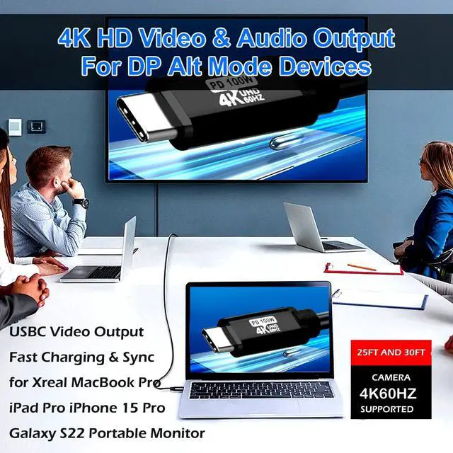 Alt view image 3 of 5 - USB TYPE C to C Cable 40FT, 4K60HZ GEN2x2(Data usb2.0),TYPE C Video Output From USB3.2/ USB4.0 (NOT 100% Fast Charging) & Sync for Xreal MacBook Pro iPad Pro iPhone 15 Pro Galaxy S22 Portable Monitor