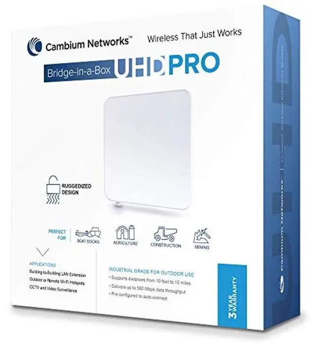 Main image of Cambium Networks Bridge-in-a-Box UHD PRO | Plug-n-Play Outdoor Wireless Ethernet Bridge | Pre-paired Point-to-Point Link | 5 Mile Wireless Range | 802.11ac | Up to 600 Mbps Throughput (C058900B901A)