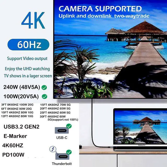 Alt view image 5 of 5 - USB TYPE C to C Cable 40FT, 4K60HZ GEN2x2(Data usb2.0),TYPE C Video Output From USB3.2/ USB4.0 (NOT 100% Fast Charging) & Sync for Xreal MacBook Pro iPad Pro iPhone 15 Pro Galaxy S22 Portable Monitor