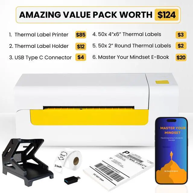 Alt view image 2 of 4 - ElectriQ Spirit Bluetooth Thermal Shipping Label Printer for Small Business. Includes Paper Holder, 4x6 Labels, 2" Round Stickers, USB C, and E-Book.Compatible with Android, iOS, Windows, Mac.