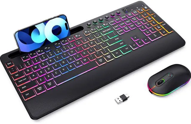Main image of Wireless Keyboard and Mouse Combo - Dual System RGB Backlit Mouse and Keyboard,2.4G Rechargeable,Full-Sized Ergonomic Silent Design with Phone Holder for Windows Mac PC Laptop (Black-V2)
