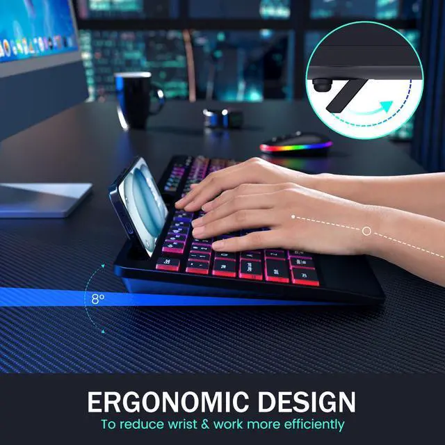 Alt view image 3 of 5 - Wireless Keyboard and Mouse Combo - Dual System RGB Backlit Mouse and Keyboard,2.4G Rechargeable,Full-Sized Ergonomic Silent Design with Phone Holder for Windows Mac PC Laptop (Black-V2)