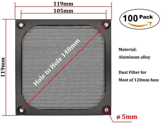 Alt view image 2 of 5 - 120mm Computer Fan Filter Grills with Screws, Aluminum Frame Ultra Fine Stainelss Steel Mesh, Black Color - 100 Pack