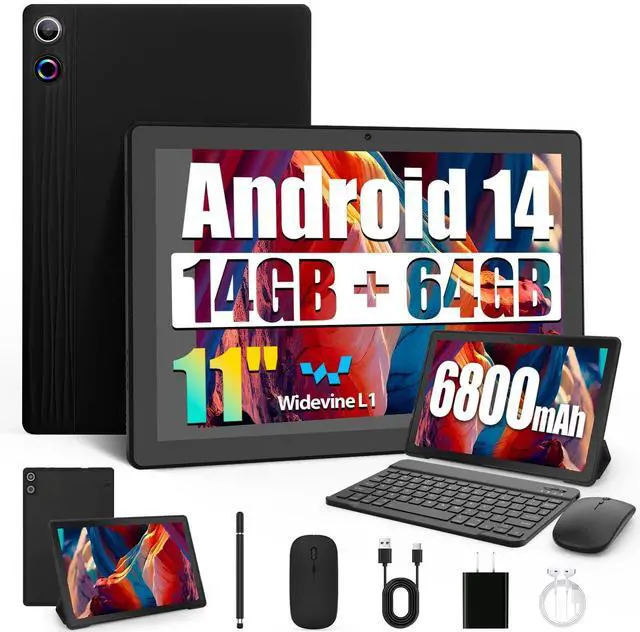 Main image of HiGrace Android Tablet, 14GB RAM+64GB ROM (TF 1TB), 11 inch Android 14 Octa-Core, 6800mAh, Widevine L1, WiFi 6, 8 in 1 Tablet with Keyboard, Mouse, Protective Case, Stylus, Headset, Charger- Black