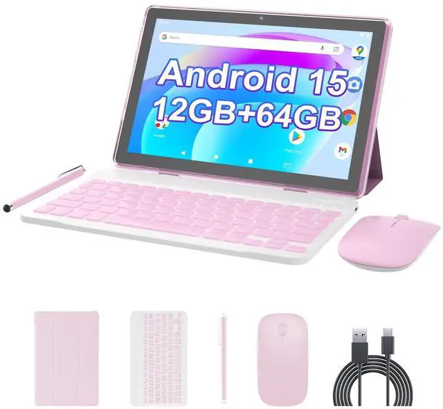 Main image of Android 15 Tablet 10 inch, 2 in1 Tablets with Keyboard Case Mouse Stylus, 10GB RAM 64GB ROM 1TB Expand, Quad-Core Processor Tablet PC, 5G WiFi6, BT5.0, 6000mAh, 1280*800 IPS Screen, Widevine L1, Pink