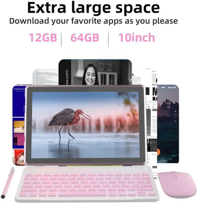Alt view image 2 of 5 - Android 15 Tablet 10 inch, 2 in1 Tablets with Keyboard Case Mouse Stylus, 10GB RAM 64GB ROM 1TB Expand, Quad-Core Processor Tablet PC, 5G WiFi6, BT5.0, 6000mAh, 1280*800 IPS Screen, Widevine L1, Pink