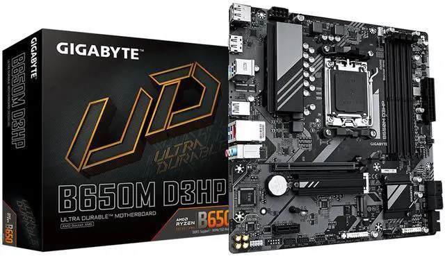 Main image of GIGABYTE B650M D3HP (AM5/ LGA 1718/ AMD/ B650/ Micro ATX/ 5-Year Warranty/ DDR5/ 2X PCIe 4.0 M.2/ PCIe 4.0/ USB 3.2 Gen2 Type-C/ 2.5GbE LAN/Motherboard)