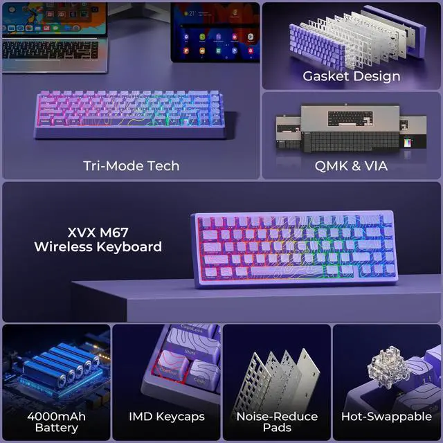 Alt view image 3 of 5 - HITIME x XVX M67 Wireless 60% Percent Keyboard and Black and White Topographic Map Mouse Pad