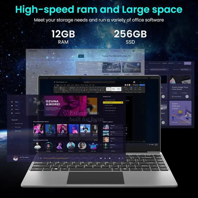 Alt view image 2 of 5 - jumper Laptop, 14 Inch FHD Display, 12GB RAM 256GB SSD, Laptop Computer with J4105 CPU, Thin & Portable, 2.4/5G WiFi, BT4.0
