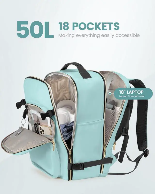 Alt view image 3 of 5 - LOVEVOOK Carry on Backpack, 50L Travel Backpack as Personal Item Flight Approved, Waterproof Large 18inch Laptop Luggage Daypack Business Weekender Overnight with 3 Packing Cubes, Mint green