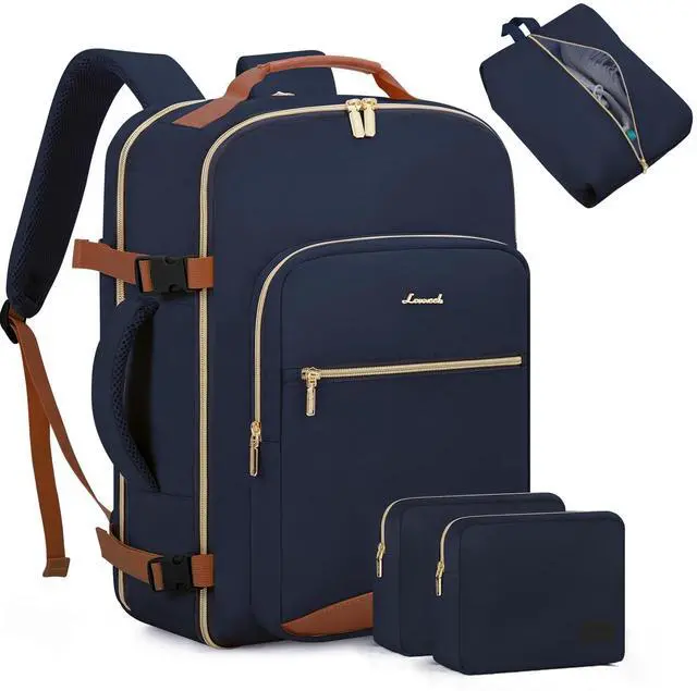 Main image of LOVEVOOK Travel Backpack for Women Men as Personal Item Flight Approved, 50L Luggage Carry On Backpack,18.4 inch Large Laptop Backpack Waterproof Outdoor Sports with 3 Packing Cubes,Dark blue-Brown