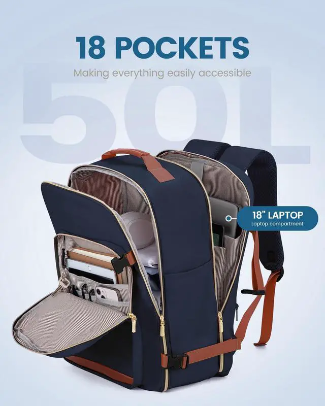 Alt view image 3 of 5 - LOVEVOOK Travel Backpack for Women Men as Personal Item Flight Approved, 50L Luggage Carry On Backpack,18.4 inch Large Laptop Backpack Waterproof Outdoor Sports with 3 Packing Cubes,Dark blue-Brown