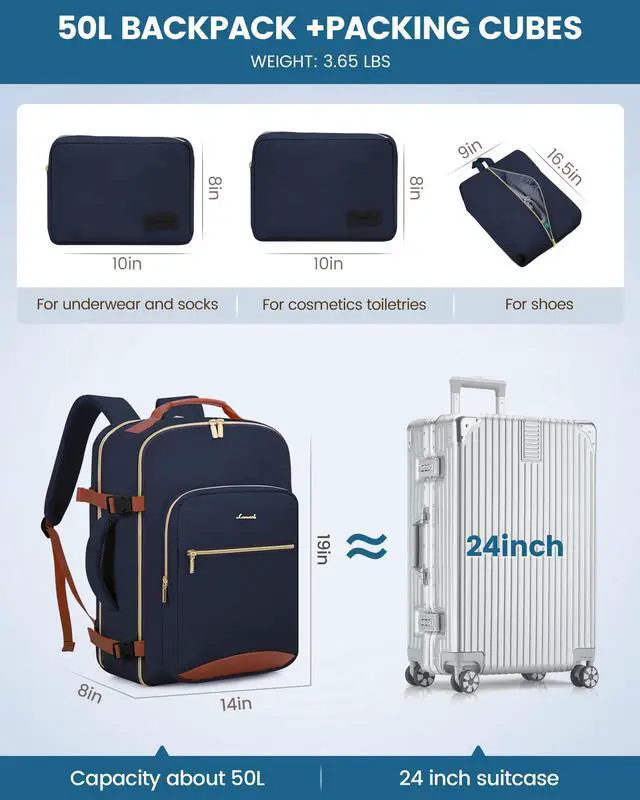 Alt view image 5 of 5 - LOVEVOOK Travel Backpack for Women Men as Personal Item Flight Approved, 50L Luggage Carry On Backpack,18.4 inch Large Laptop Backpack Waterproof Outdoor Sports with 3 Packing Cubes,Dark blue-Brown