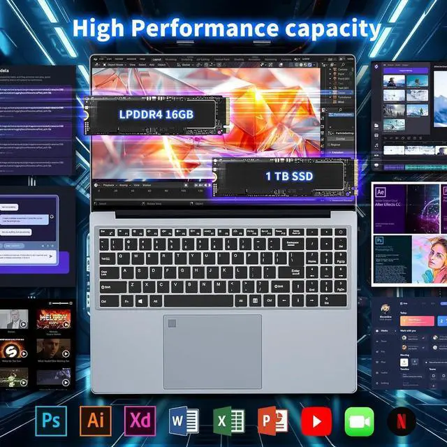 Alt view image 5 of 5 - KeeUiU 16 Inch Gaming Laptop, Celeron N100 (up to 3.4GHZ) Laptop, 16GB 1TB SSD, Full HD 1920x1200 Display, WiFi Bluetooth 5.0, Fingerprint unlocking Backlit keyboard Notebook Computer