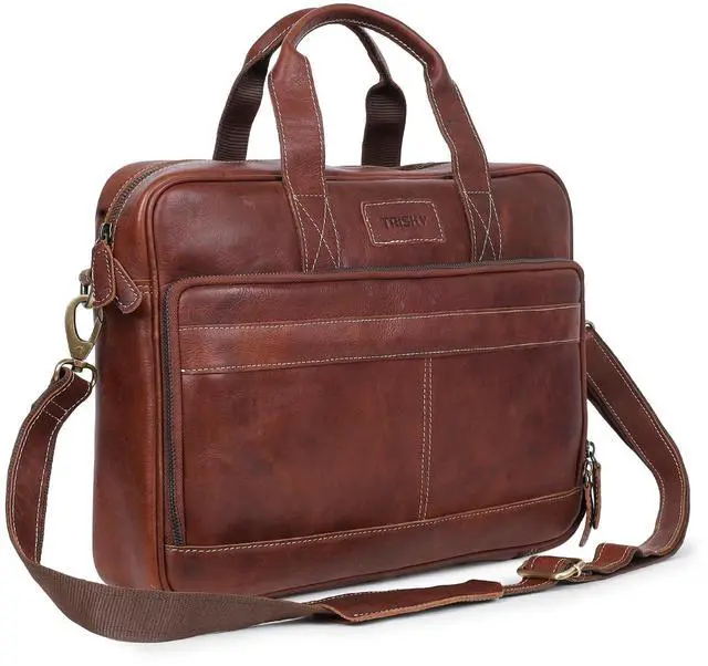 Main image of TRISKY Leather Laptop Bag for Men Briefcase Satchel and Women for Office Work, College, Gifting, Travel with Mens Shoulder Bags Crossbody Strap Mens Messenger Bag 16 inch - Tan