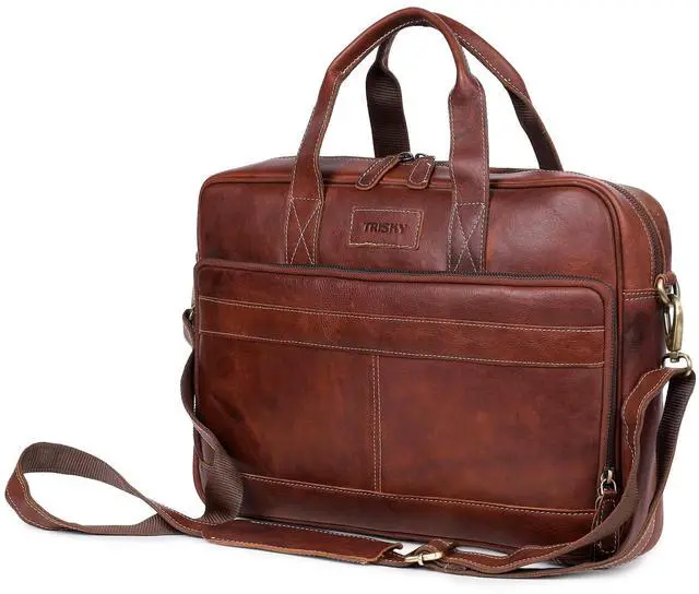 Alt view image 2 of 5 - TRISKY Leather Laptop Bag for Men Briefcase Satchel and Women for Office Work, College, Gifting, Travel with Mens Shoulder Bags Crossbody Strap Mens Messenger Bag 16 inch - Tan