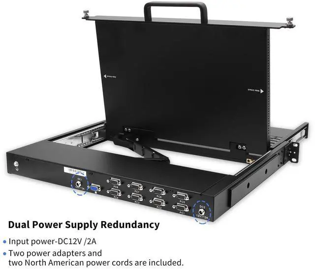 Alt view image 3 of 5 - 1U Rackmount VGA KVM Console, 15.6" 1080P Rack Mount Monitor+ 8 Port VGA KVM Switch+ Keyboard+ Touchpad, Short Depth 14.17", Dual Power Redundancy, OSD/Hotkey/Button Switching, Fits 1U 19" Server Rack