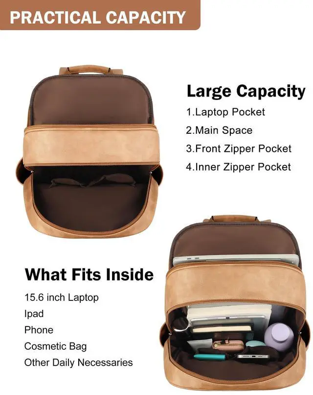 Alt view image 3 of 5 - MASINTOR 15.6 inch Leather Laptop Backpack Purse for Women, Designer Travel and Work Bag with Laptop Compartment Retro Camel