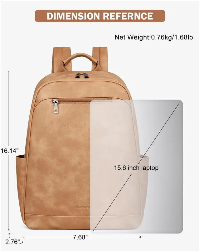 Alt view image 5 of 5 - MASINTOR 15.6 inch Leather Laptop Backpack Purse for Women, Designer Travel and Work Bag with Laptop Compartment Retro Camel