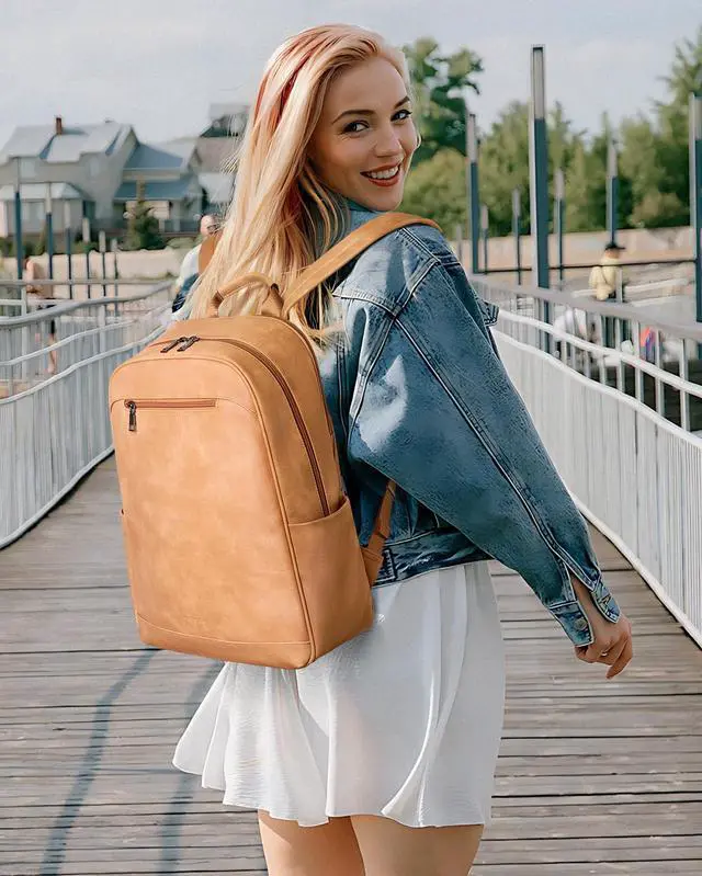 Alt view image 2 of 5 - MASINTOR 15.6 inch Leather Laptop Backpack Purse for Women, Designer Travel and Work Bag with Laptop Compartment Retro Camel