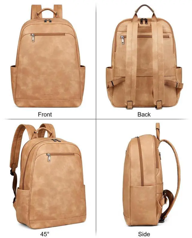 Alt view image 4 of 5 - MASINTOR 15.6 inch Leather Laptop Backpack Purse for Women, Designer Travel and Work Bag with Laptop Compartment Retro Camel