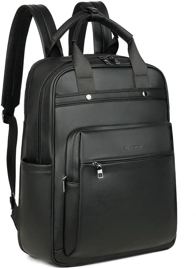 Main image of MASINTOR Leather Laptop Backpack for Women, Stylish Computer Backpack College Business Work Shoulder Bags Work and Travel Black