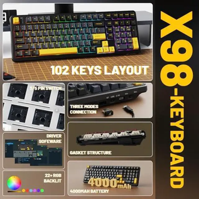 Alt view image 2 of 5 - MAMBASNAKE Attack Shark X98 Wireless Mechanical Keyboard,Gasket Hot Swappable Custom Keyboard,Bluetooth 5.0/2.4G/Wired,Linear Blueberry Switches, PBT Keycaps RGB Backlit with Coiled Cable-Black