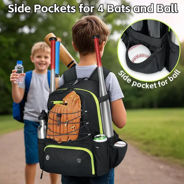 Alt view image 3 of 5 - MATEIN Baseball Bat Bag for 4 Bats with Ball Pocket, 15.6 Inch Travel Laptop Bag Rucksack with USB Charging Port, Large Capacity Softball Bag