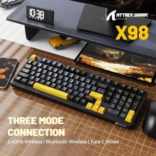 Alt view image 3 of 5 - MAMBASNAKE Attack Shark X98 Wireless Mechanical Keyboard,Gasket Hot Swappable Custom Keyboard,Bluetooth 5.0/2.4G/Wired,Linear Blueberry Switches, PBT Keycaps RGB Backlit with Coiled Cable-Black