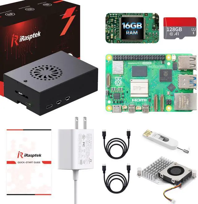 Main image of iRasptek Starter Kit for Raspberry Pi 5 16GB RAM-Pre-Loaded with 128GB Edition Raspberry Pi OS (Aluminum Case)